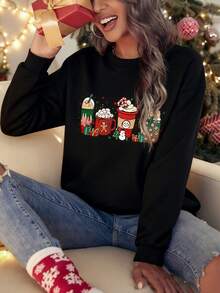 Christmas Print Sweatshirt With Thermal Lining - Black - View 1