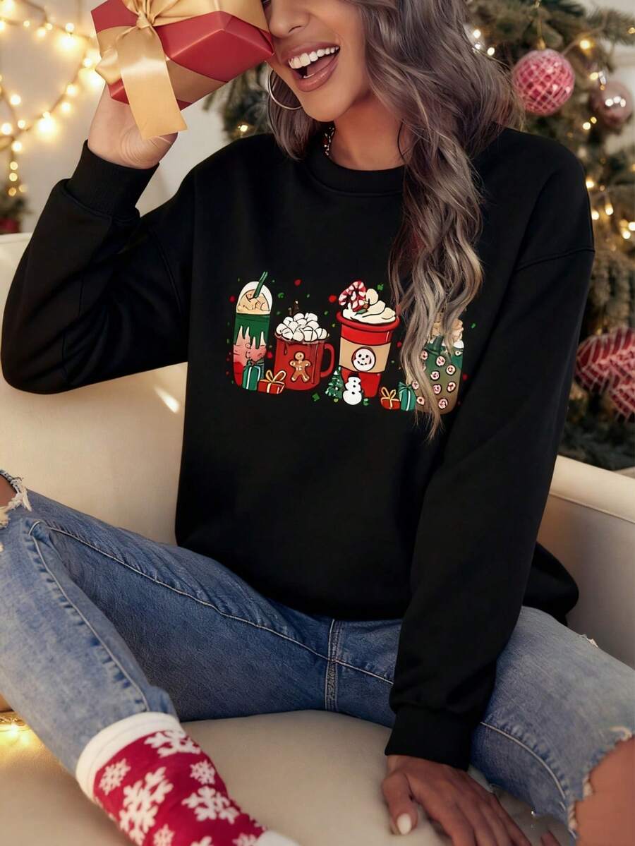 Christmas Print Sweatshirt With Thermal Lining - Black - View 1