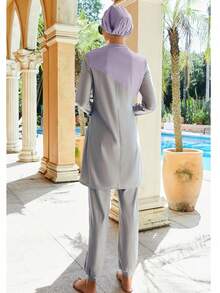 VFJ 女士泳装，伊斯兰风格端庄泳装三件套，灰粉色拼接全套，含头巾，长袖布基尼连衣裙+裤子，度假款 - 紫色 - 查看 3