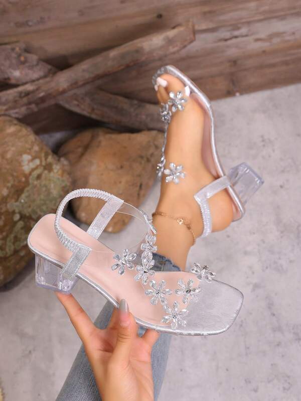 New Crystal Flower Transparent Chunky Heel Sandals, Elegant Goddess Style Roman High Heels For Women