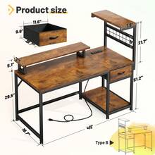 EnHomee 40" Computer Desk With Drawer And Shelves, Gaming Desk With LED Lights And Monitor Stand, Home Office Desk With Power Outlets For The Living Room - Xem 2