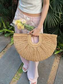 [US-Based Shipping]1pc Large Capacity Pleated Semi-Circle Woven Tote Bag, Solid Color, Fashion Straw Handbag For Women, Suitable For Beach, Vacation,Travel, Daily Shopping, Great Mother's Day Gift,Women's Fall Clothing Winter Clothing Christmas Gift Fall Autumn Velvet Furry Party Fuzzy Plush Thanksgiving Festival Cyber Monday Holiday Knitted Winter,Khaki Handbag Tote Bag Woven Bag Open Straw Bag Round Bag,Woven Straw Open Top Round Bag,Eye-Catching Beach Bag Summer,New Summer Vacation Style Solid Color,Vacation Essentials,Perfectly Matching With Beach Accessories Women,Crescent Moon Bag For Women, Straw Purse,Beach Necessities,Women's Fall Clothing Winter Clothing Christmas Gift Fall Autumn Velvet Furry Party Fuzzy Plush Thanksgiving Festival Cyber Monday Holiday Knitted Winter,Stitch Purses And Bags Women Black Purse Bags For Women Carteras Para Mujer Gold Purse Brown Purse Pink Purse Crossbody Bags For Women Bolsos Para Mujer Handbags For Women Shoes Tote Bags For Women - Màu Khaki - Xem 10