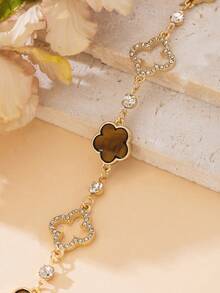 1pc Elegant Luxury Rhinestone Hollow Clover Brown Sweet Five-Leaf Clover Women Bracelet - Brown - View 3