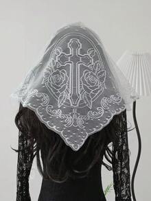 1pc Embroidered Cross Church Veil Headscarf, Wedding Shawl Scarf, Black & White Lace Trim Breathable Triangular Scarf - Multicolor - View 2