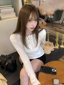 女士蝴蝶结修身针织长袖T恤，秋季款 - 白色 - 查看 2