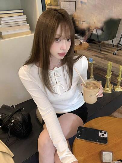 女士蝴蝶结修身针织长袖T恤，秋季款