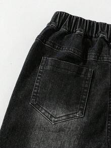 女童休闲直筒阔腿破洞牛仔长裤，适合户外、派对、四季穿着 - 深灰色 - 查看 7