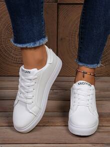 Women's White British Style Lace-Up Sneakers, Round Toe Low-Top Flat Skateboard Shoes, Fashionable Breathable Non-Slip Small White Shoes For Students - White - View 3