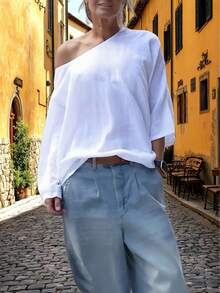 Christmas Minimalist White Cold Shoulder Loose Fit Long Sleeve Solid Color Casual T-Shirt Top, Essential Autumn/Winter Piece - White - View 6