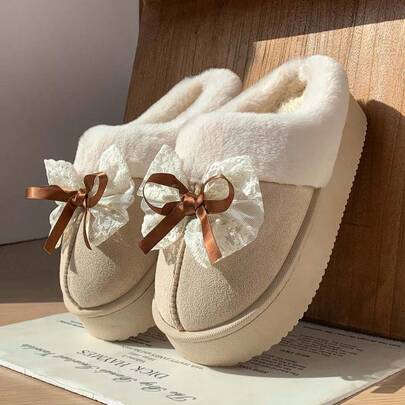 时尚简约毛绒拖鞋，2025秋冬新款蝴蝶结室内保暖内衬温暖舒适拖鞋，适合户外穿着