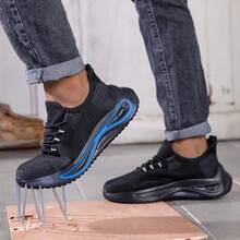 Zapatos con punta de acero, de unicolor, estilo cargo con cordones, versión brillante, zapatos de , para exteriores, para todas las estaciones, zapatos para sitios de construcción, anti-perforación, anti-aplastamiento, unisex - Negro - Ver 6