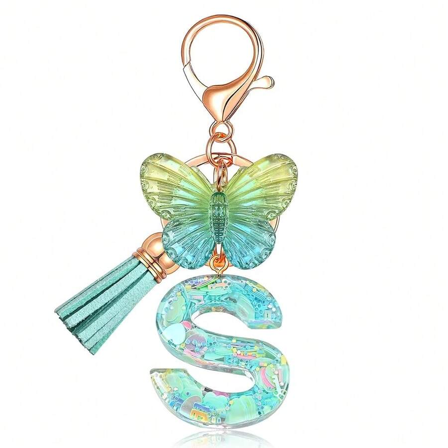 JINGUAZI Initial Letter Keychains For Women Tassel Butterfly Pink Purple Cute Car Keychain For Wallet Backpack Bag Charm{Inchcolor_nameinch:InchS-Greeninch} - S-green - 查看 1