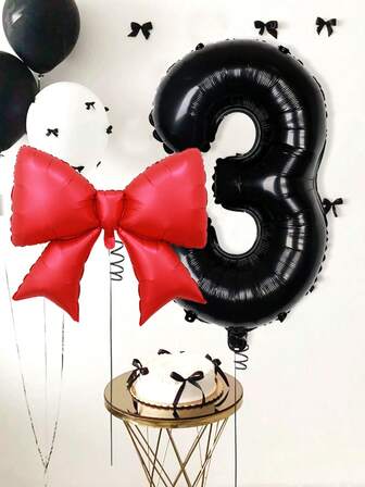 2pcs - Black & Red Number Balloon & Bow Combo Set, Includes 40-Inch Black Number 0-9 Foil Balloons, Red Bow Balloons, Suitable For Birthday, Black & Red Theme Party, Birthday Theme Party, Black Number Birthday, Anniversary