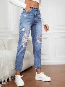 Jeans rotos con ajuste de mamá, cómodos, con detalles rasgados, cierre de cremallera y prácticos bolsillos. Corte informal. - Azul lavado medio - Ver 5
