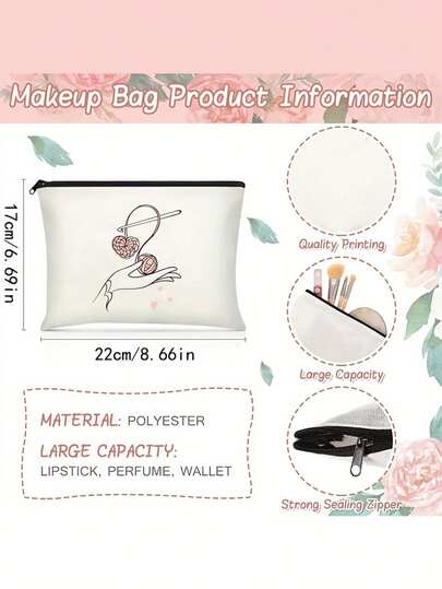 单面浪漫化妆旅行包，心形毛线图案设计——轻便、可折叠、敞口、大容量、耐用，也可作洗衣袋使用。这款简约拉链化妆品收纳包专为女士设计，适合派对、购物和日常使用。