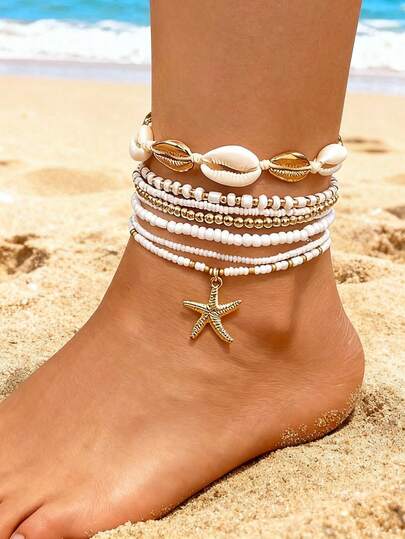 7 piezas Set de brazaletes para el tobillo estilo bohemio playero con estrella de mar, concha y cuentas de arroz elásticas, verano