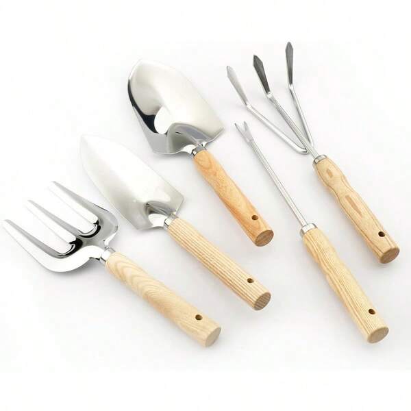Garden Tool SetPremium 5 Pcs Heavy Duty Gardening Hand Tool Set With Shovel Hand Rake Transplanter Big Trowel 5Claw Cultivator Stainless Steel With NonSlip Wooden Handles Silver