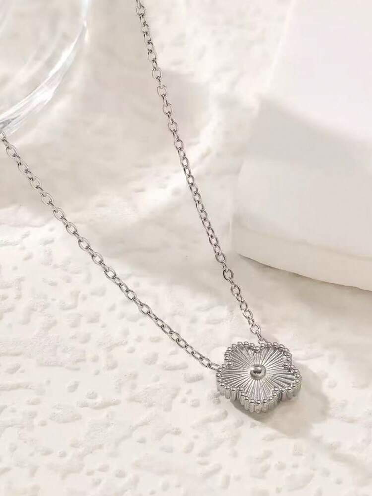 1pc Stainless Steel Four-Leaf Clover Pendant Necklace, Minimalist Everyday Wear Lucky Flower Charm Necklace For Women - Golden Five-leaf Clover Necklace - View 16