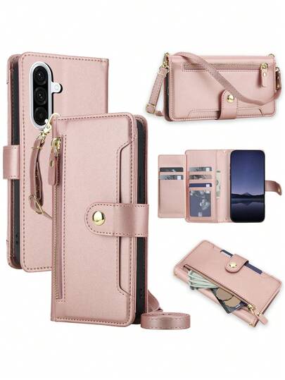Crossbody PU Faux Leather Wallet Case Suitable For Galaxy A57 A37 A17 A07 A56 A36 A26 A16 A06 A55 A35 A25 A15 A05 A05S A54 A24 A14 A04 A04S A73 A53 A33 A13 A72 A52 S26 S25 Edge S24 S23 S22 S21 FE Plus Ultra, Kickstand Zipper RFID Blocking Mobile Phone Bag With Wrist Strap Cover