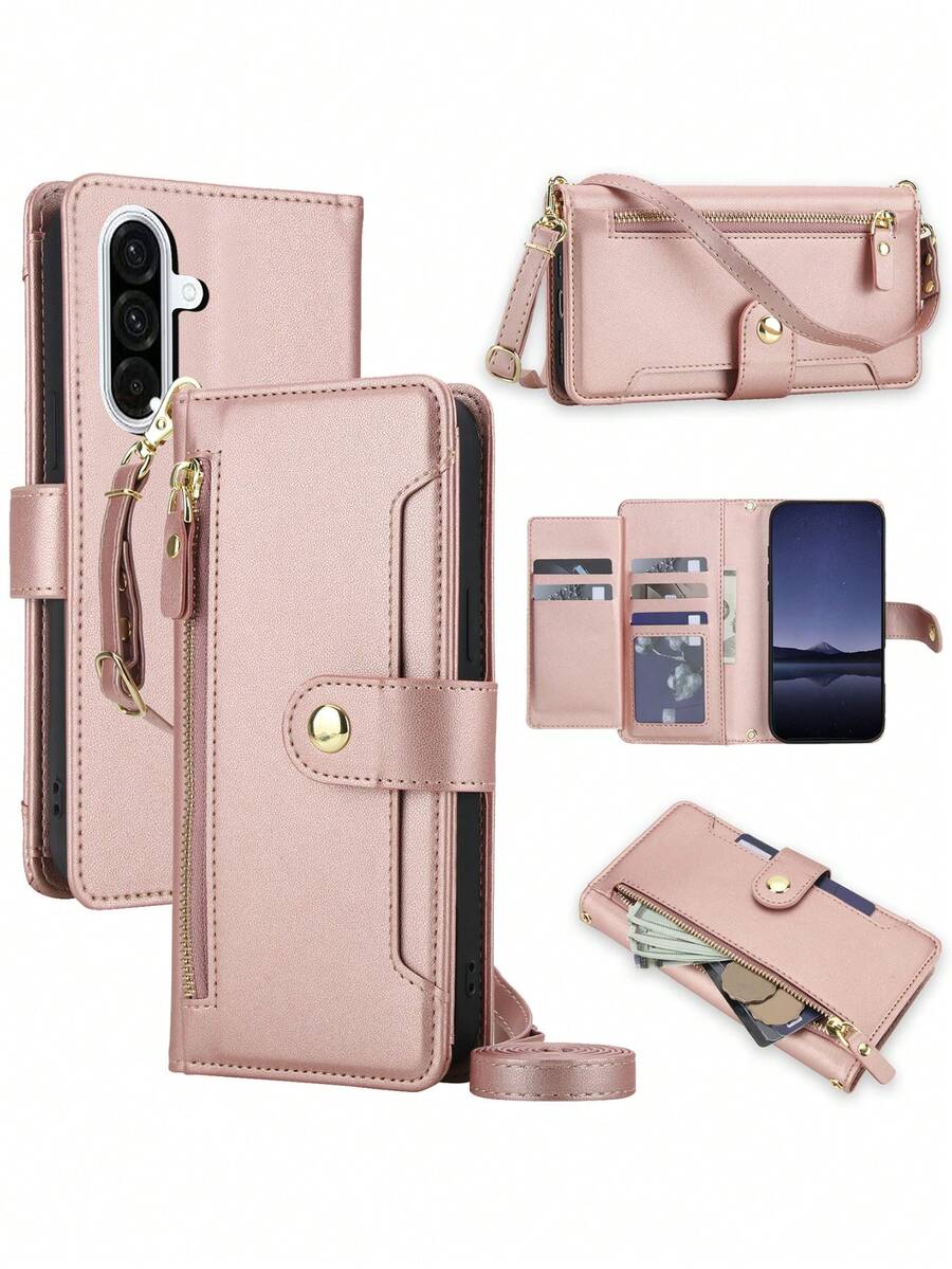 Crossbody PU Faux Leather Wallet Case Suitable For Galaxy A57 A37 A17 A07 A56 A36 A26 A16 A06 A55 A35 A25 A15 A05 A05S A54 A24 A14 A04 A04S A73 A53 A33 A13 A72 A52 S26 S25 Edge S24 S23 S22 S21 FE Plus Ultra, Kickstand Zipper RFID Blocking Mobile Phone Bag With Wrist Strap Cover