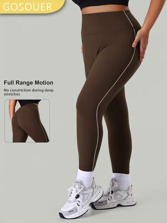 GOSOUER Große Größen Leggings mit hoher Taille und Kontrastpaspeln für Damen, geeignet für Laufen, Fitness, Sport