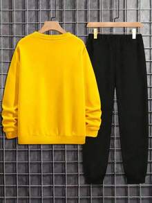 2pcs/Set Plus Size Men's Casual Soft Comfortable Versatile Sportswear Set, Minimalist 3D Letter Print Crew Neck Sweatshirt And Sweatpants, Autumn/Winter