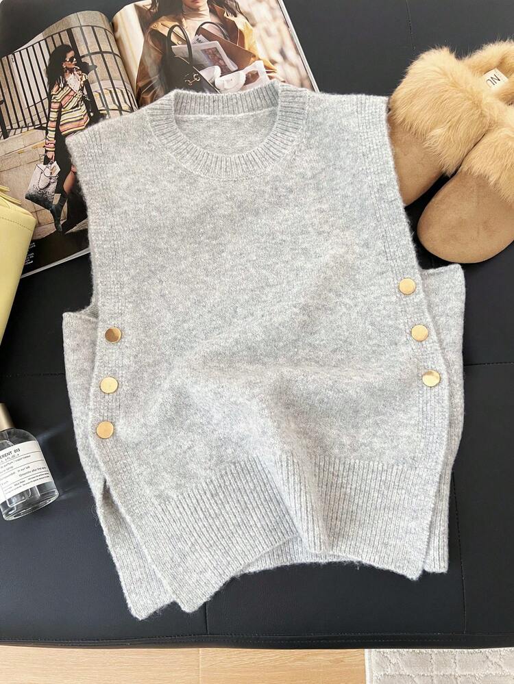 1 pieza Conjunto casual de verano para mujer de unicolor con cuello redondo y botón lateral de metal, chaleco sin mangas de punto dividido y top tipo tank de moda para mujer - Gris Claro - Añade 6
