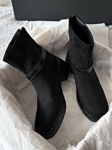 Fall/Winter Suede Mid-Heel Square Toe Solid Color Commuting Slimming Chunky Heel Back Zipper Fashion Ankle Boots - Black - View 3