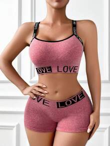 2pcs Women's Letter Print Sexy Sports Bra Camisole Set, Backless Strap Bralette Without Lining - Watermelon Pink - View 4