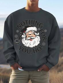 Sudadera casual de cuello redondo para hombre, mezcla de poliéster y algodón, con estampado de alfabeto navideño por transferencia de calor, tela de punto ligeramente elástica, ajuste regular - 300gsm - Gris - Ver 2
