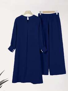 2pcs Women Simple Set, Including One Button Decor Round Neck Belted Top And Wide Leg Pants, Non-Stretch Fabric - Navy Blue - View 3