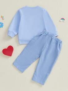 Toddler Baby Boy Clothes Outfit Valentines Day Sweatshirt Lover Boy Shirt+Waffle Knit Pant Set Clothing Fall Winter - 藍色 - 查看 2