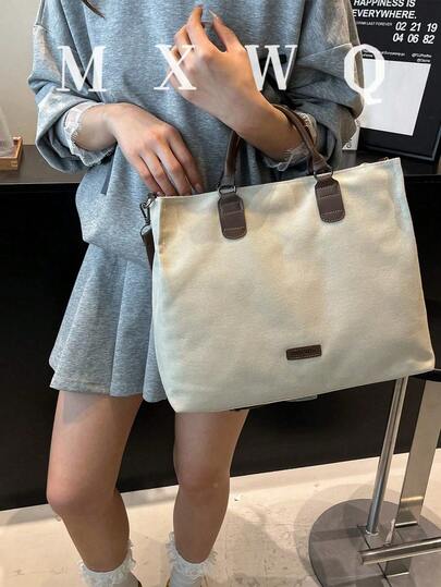 1pc Canvas Tote Bag, Large Capacity, Simplistic Design, Suitable For Women, Fits Laptop And Textbooks, Lightweight And Portable, Ideal For Daily Use, Commuting, School, College Students