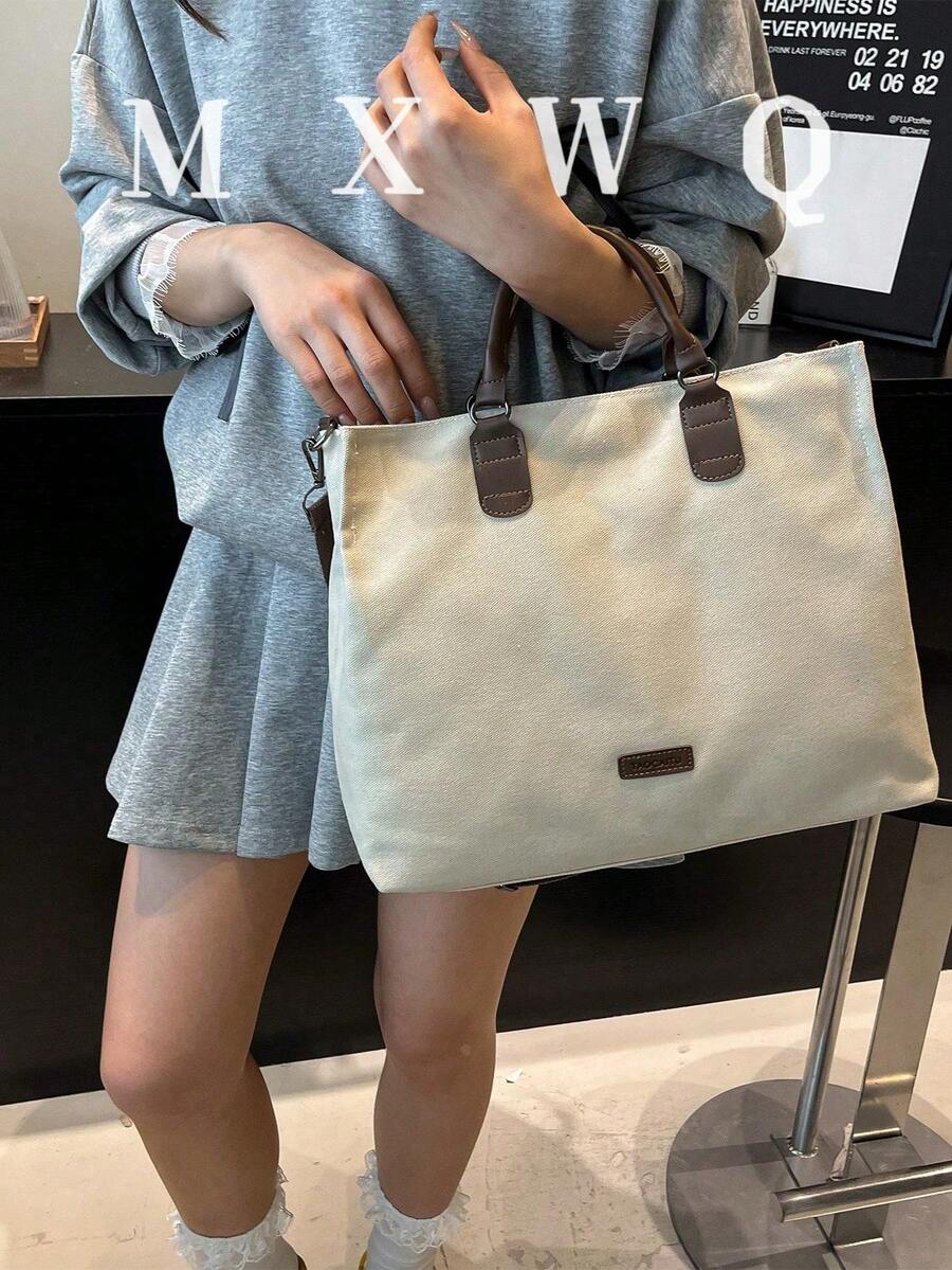 1pc Canvas Tote Bag, Large Capacity, Simplistic Design, Suitable For Women, Fits Laptop And Textbooks, Lightweight And Portable, Ideal For Daily Use, Commuting, School, College Students