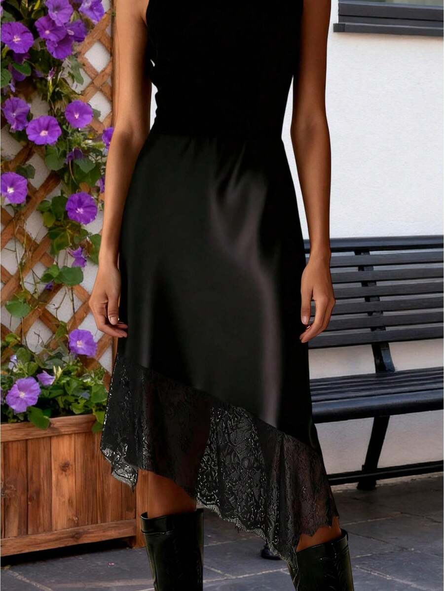 Women's Satin Lace Midi Skirt Elegant Solid Color Asymmetric Hem Loose Fit Knee Length Skirt For Party Work Daily Wear - 黑色 - 查看 1