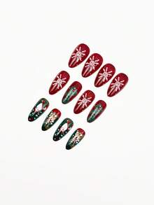 Add A Touch Of Romance With Christmas Nail Art 24pcs Medium To Long Press Nail Classic Red And Blue Color Scheme Nail Stickers, Cartoon Cute Christmas Reindeer, Santa Claus, Green Plant Flower Fruit, White Snowflake Pattern, Autumn And Winter Atmosphere Almond Nail, Suitable For Office Ladies, Sweet Girls, Festivals, Campuses, Parties, Christmas Daily Nail Decoration - Multicolor - View 4