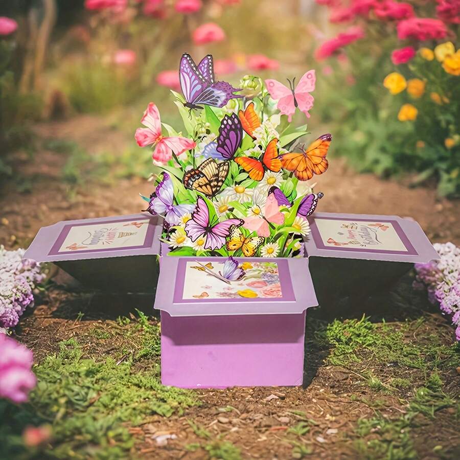 1pc, Purple Butterfly Flower Greeting Card, 3D Three-Dimensional Flower Box, Pop-Up Birthday Flower Box, Warm Birthday Compound, Birthday Butterfly Flower Box With Envelope, Birthday Greeting Card For Friends, Birthday Party Gift - 紫色 - 查看 1