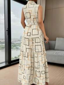 New Women's Slim Fit V-Neck Dress With Graphic Print, Buttons, Sleeveless And Fitted Waist - Sizes S M L - 白色 - 查看 2