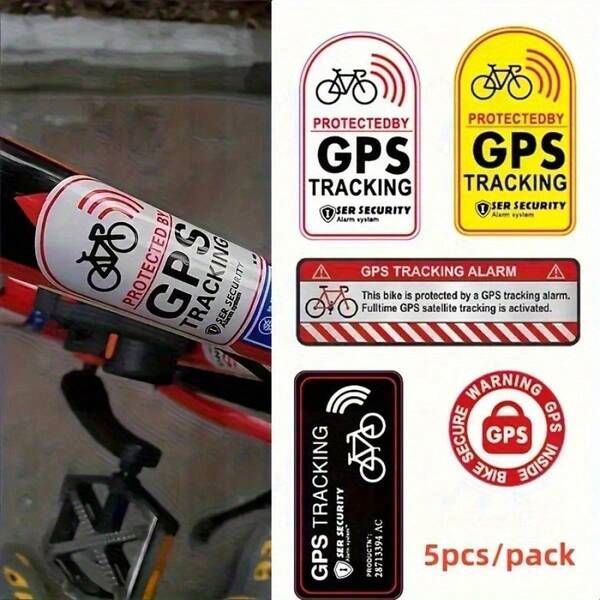5pcs Reflective GPS Tracking Stickers For Bicycle, Scooter And Motorcycle - Waterproof, Red Alarm, Anti-Theft Design, PVC Material, Essential Outdoor Riding Accessory | High Visibility Reflective Stickers | Durable PVC Material