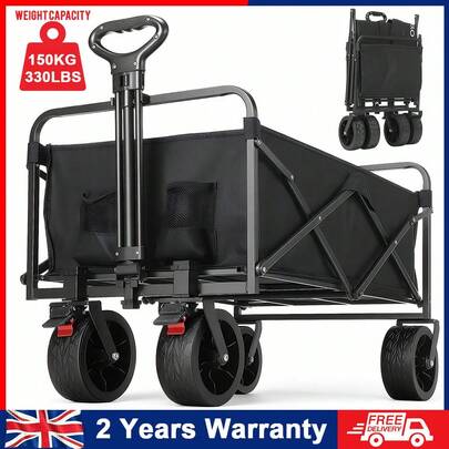 OYAJIA Festival Trolley On Wheels With Brakes, 260L Folding Camping Trolley Cart With Adjustable Handle, 150kg Heavy Duty Cart Wagon For Outdoor Garden Picnic,51*82*69-94CM