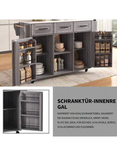 139x46(71)X91.5cm Dining Trolley/Sideboard, Zwart Body Solid Wood Grain Worktop, Fold Down Storage Door, Casters, Replaceable Feet, Room, Kitchen. Serving Trolley/Side Cabinet, Grijs Veneer The Wit Marble ation Cabinet/Fold Worktop/Storage Doors/R view 3