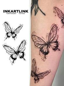 INKARTLINK Aquarell Schmetterling Temporäre Tattoos | 15 Tage haltbar | Vielseitiger Fake Tattoo | Wasserfest Schweißfest Modischer Aufkleber | Feenartiger Körperkunst | Ideales Valentinstags Geschenk für Frauen - Schwarz - Übersicht 2