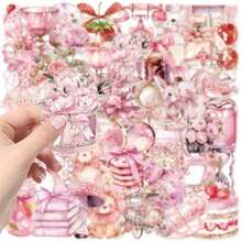 50PCS Pink Transparent Stickers Vinyl Aesthetics Stickers For Scrapbooking, Diary, Laptop, Bumper, Skateboard, Water Bottle, Computer, Phone, Cartoon, Hard Hat, Car Stickers And Decals - Hồng - Xem 6