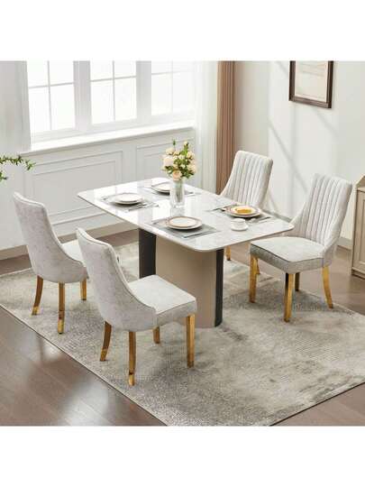 Flocked Chenille Rayon Dining Chairs, Com Tafel Kitchen Stoel Fabric Upholstery Goud Stainless Steel Legs, Set Of (Black). view 7