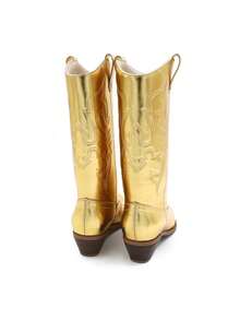 Lurnyet Cowboy Boots For Women Cowgirl Western Boots Fashion Embroidery Stitched Chunky Heel Mid Calf Boots WACOW-2 - 金色 - 查看 1