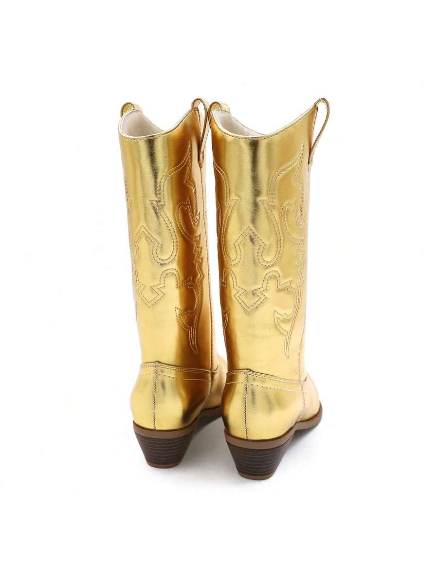 Lurnyet Cowboy Boots For Women Cowgirl Western Boots Fashion Embroidery Stitched Chunky Heel Mid Calf Boots WACOW-2 - 金色 - 查看 1