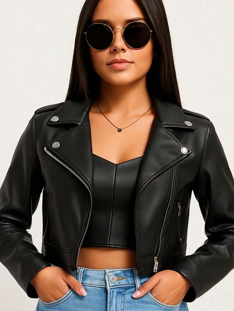 Women's Synthetic Leather Biker Jacket – Style And Attitude - 白色 - 查看 4