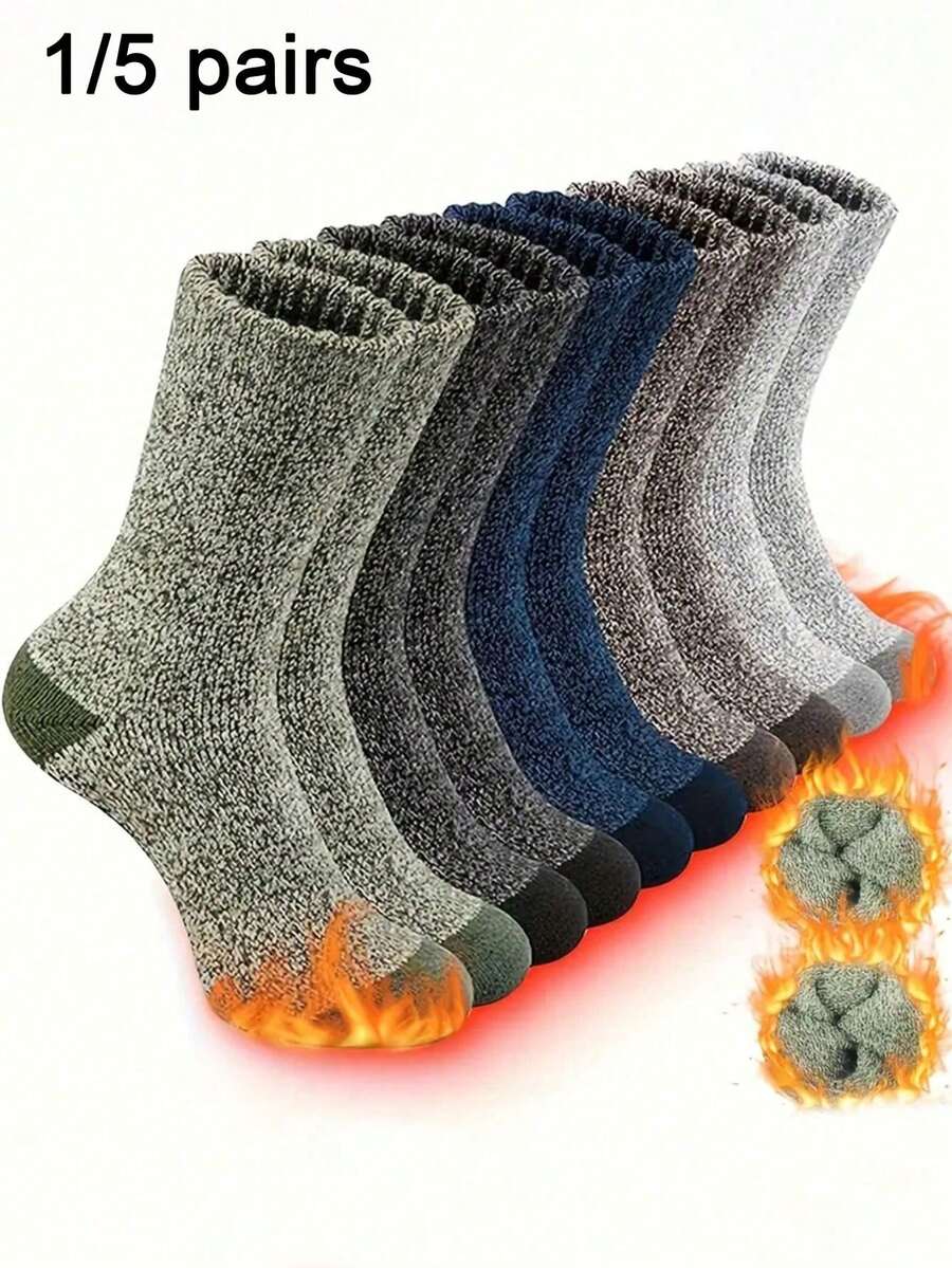 5双装纯色加厚中筒袜，男女通用，保暖舒适，适合日常穿着，秋冬季日常出行、徒步旅行等。圣诞礼物 - 彩色 - 查看 1