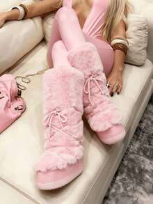 Knee High Boots For Women,Fuzzy Flat Round Toe Rhinestone Lace-Up Slip On Warm Shoes Winter Outdoor Party Chirstmas And Halloween Snow Boots - Hồng - Xem 1