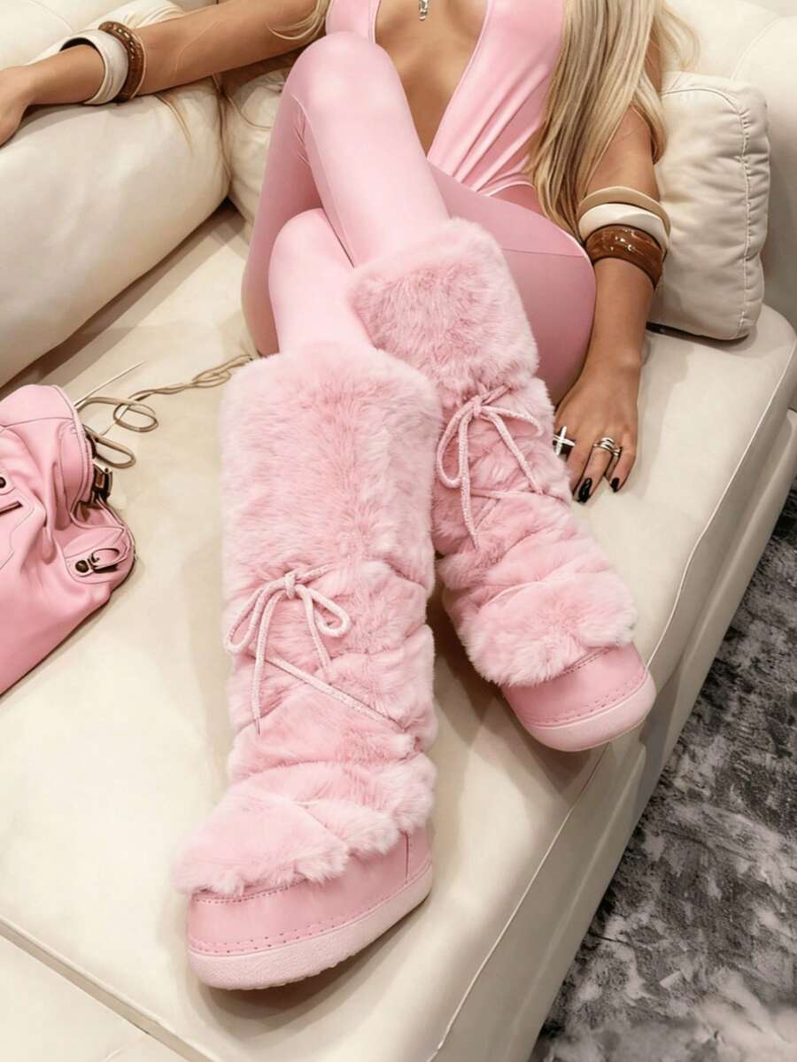 Knee High Boots For Women,Fuzzy Flat Round Toe Rhinestone Lace-Up Slip On Warm Shoes Winter Outdoor Party Chirstmas And Halloween Snow Boots - Hồng - Xem 1